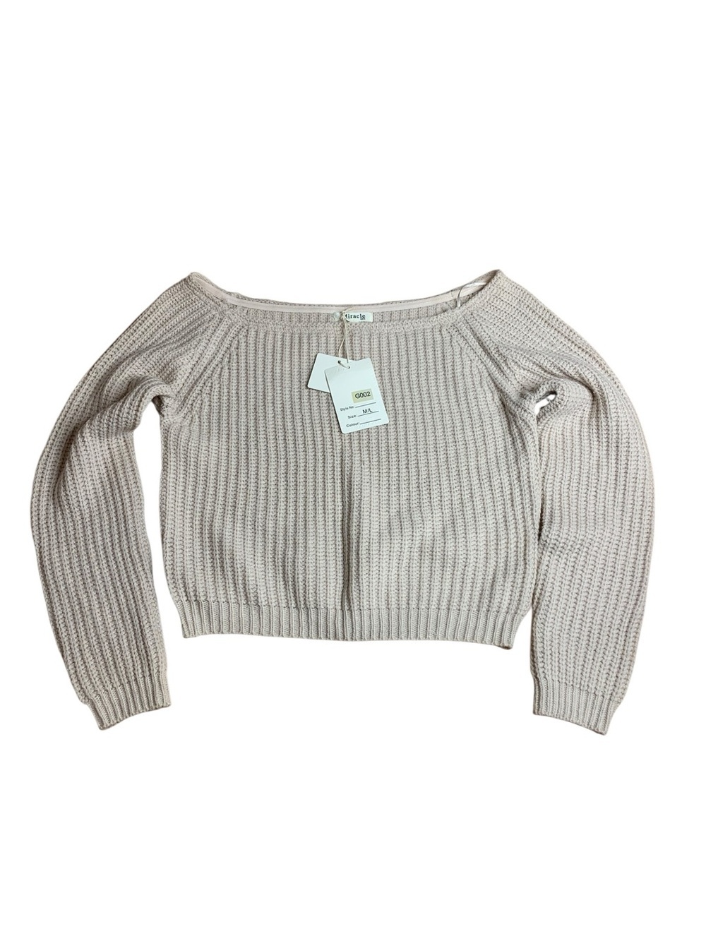 NWT Miracle USA Neutral Off-the-Shoulder Ribbed Knit Crop Sweater Size M/L